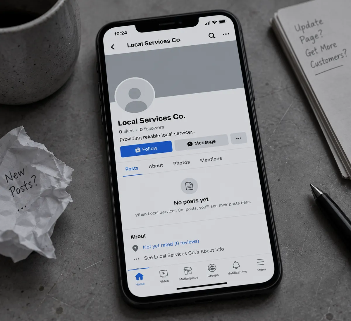 Illustration: a neglected business page with no posts or reviews