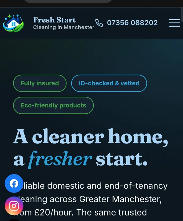 Homepage of the Fresh Start Cleaning website